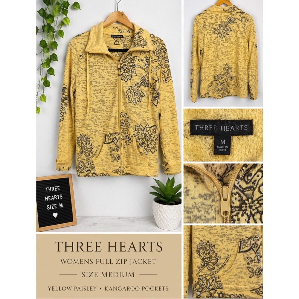 Three Hearts Womens Jacket Medium Full Zip Yellow paisley Kangaroo Pockets